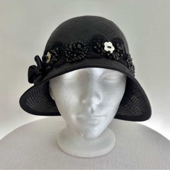 Louise Green Millinery Black Straw Cloche NWOT Beaded Band Patented Sweat Band main image 4